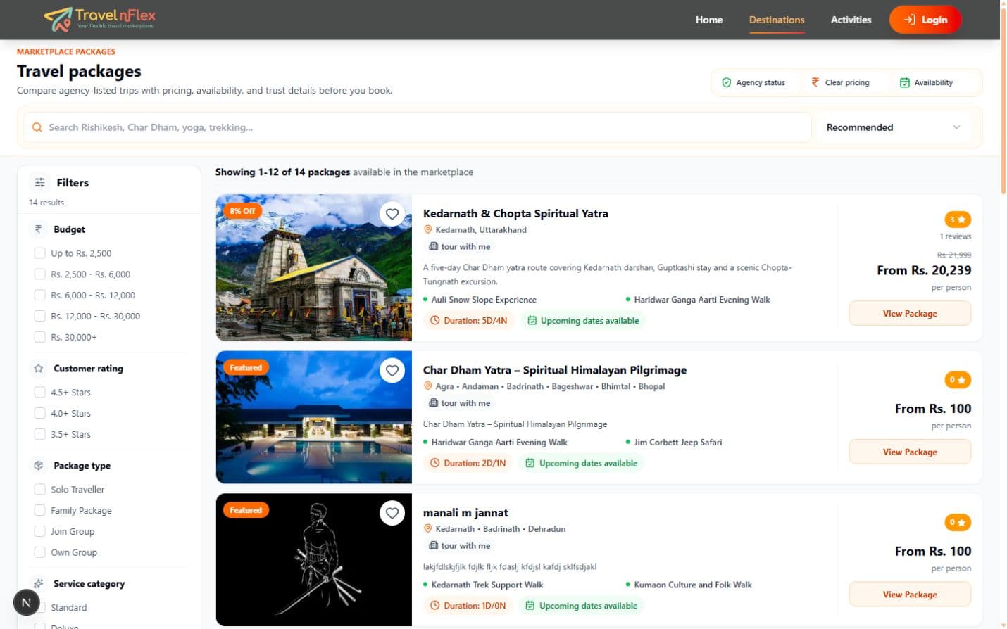 TravelnFlex package listing showing filters, package details, and availability signals.