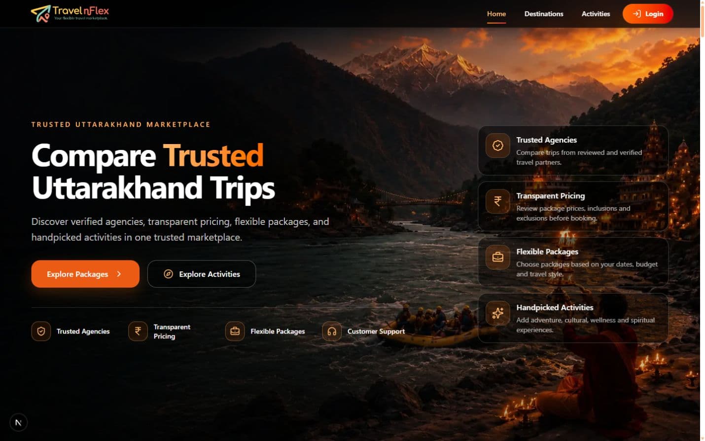 TravelnFlex marketplace homepage showing destination discovery and trust signals.